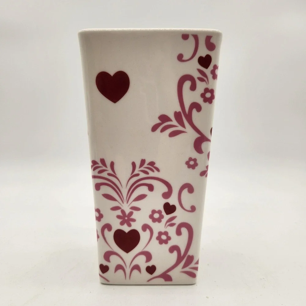 ProFlowers White Square Tall Vase Burgundy Hearts Pink Scrollwork Valentines Day